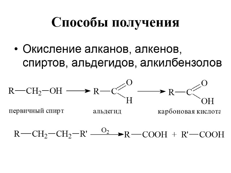 Способы получения  Окисление алканов, алкенов, спиртов, альдегидов, алкилбензолов